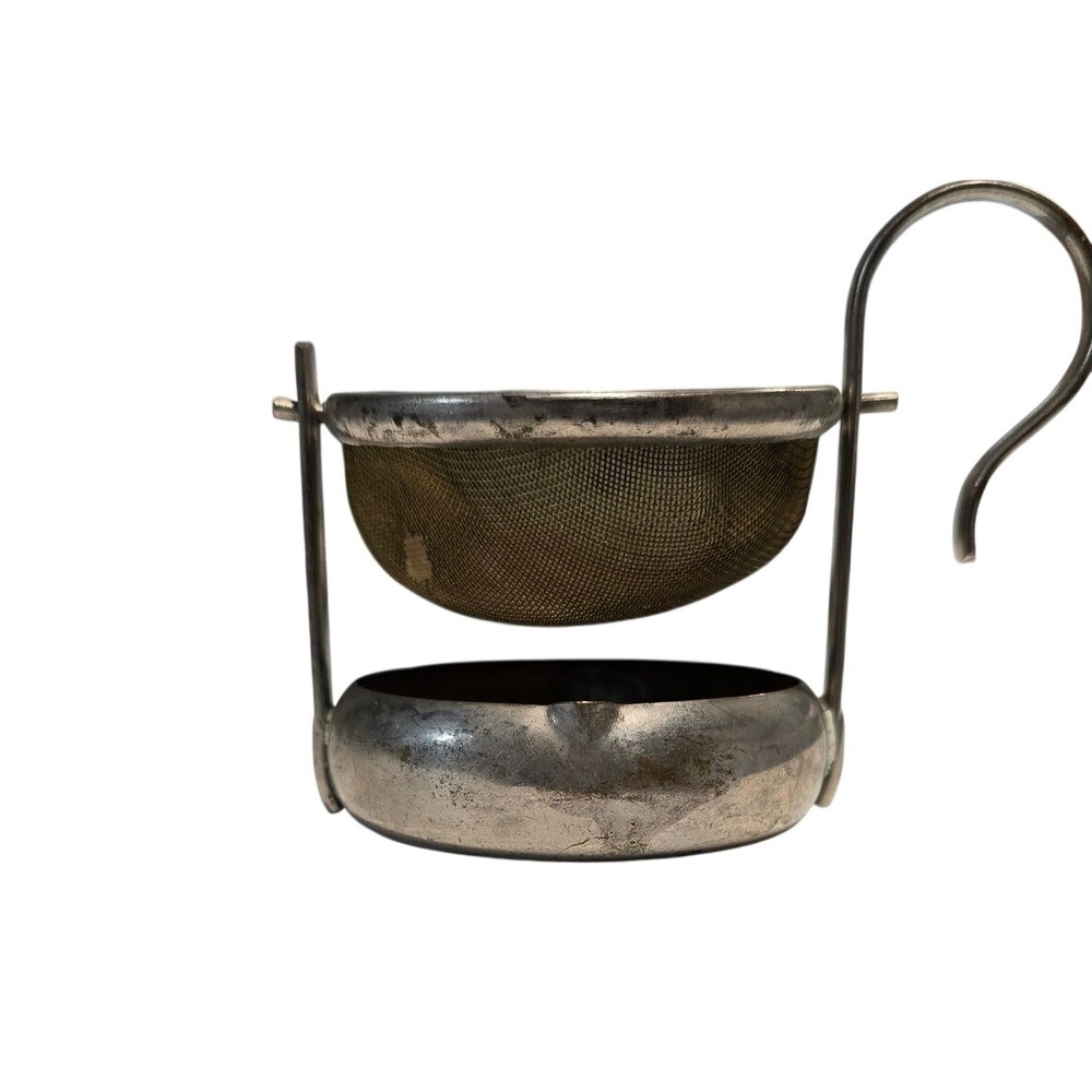 Vintage Silver Tone Swivel Over Cup Tea Strainer with Drip Cup Base 2.5 Inch